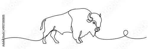 Bison walking along continuous line on white background, none editable strokes