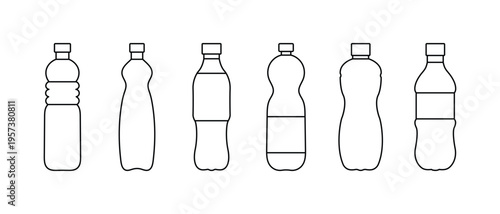 Large Set of Plastic Bottle Silhouettes and Outline Icons  Water, Soda, Juice Beverage Containers Vector Collection Isolated on White Background