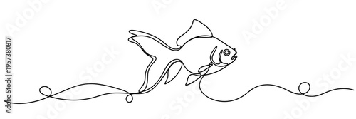 Fish swimming along continuous line in minimalist white space, none editable strokes