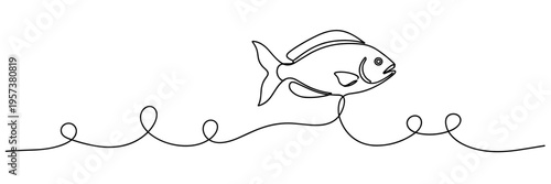 Fish leaping above continuous line water wave pattern, none editable strokes
