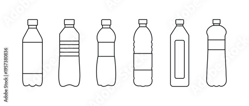 Large Set of Plastic Bottle Silhouettes and Outline Icons  Water, Soda, Juice Beverage Containers Vector Collection Isolated on White Background