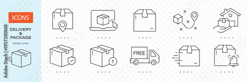 Logistics delivery line icon set featuring shipping cargo truck  warehouse freight box  courier distribution service  and order tracking map vector symbols