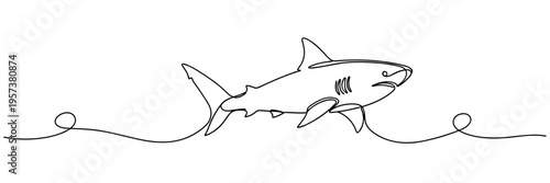 Shark swimming along continuous line on white background, none editable strokes