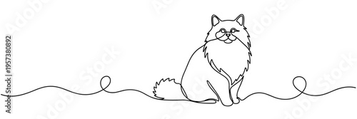 Cat sitting on continuous line with wavy baseline on white background, none editable strokes