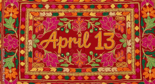 Punjabi Phulkari embroidery design with April 13 date isolated on transparent background