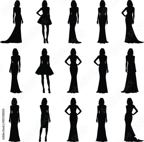 Women, silhouettes, fashion, dresses, elegant, vector, set, black, female, models, poses, stylish, glamour, illustration, isolated, collection, design, evening, outfit, beauty