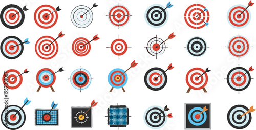 Target and Dartboard Icon Set with Bullseye, Arrows, and Focused Aiming Symbols for Accuracy, Precision, and Goal-Oriented Designs