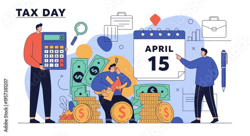 Tax day illustration with people, money, and calendar showing April 15 isolated on transparent background