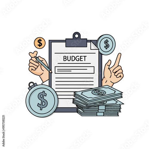 Vector illustration of a budget plan with money and clipboard