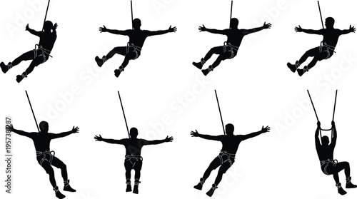 Zipline, silhouettes, adventure, activity, people, harness, rope, outdoor, extreme, sport, travel, motion, safety, equipment, tourism, isolated, black, vector, illustration, set