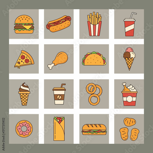 Flat style illustrations of coffee shop and restaurant items