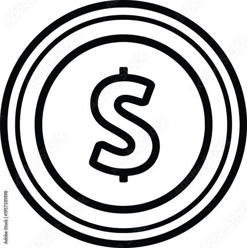 A clean black and white line art icon of a single dollar coin, signifying finance, currency, and economy.