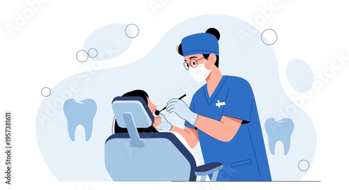 Dentist examining patient's teeth with dental tools in a modern clinic, dental care concept