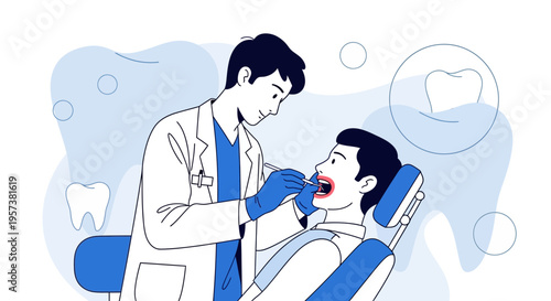 Dentist examining patient's teeth in modern dental clinic, illustration