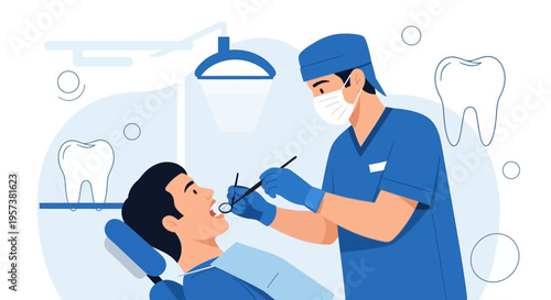 Dentist examining patient's teeth with dental tools in modern clinic, healthcare concept