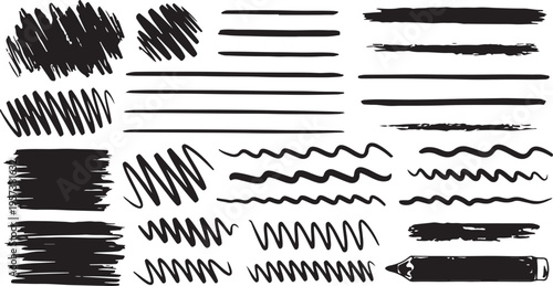 Hand-drawn sketch brush strokes and lines in various thicknesses and styles. Great for design accents, underline effects, and artistic text highlights