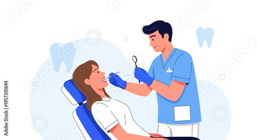 Dentist examining patient's teeth with mirror and probe in a modern dental clinic
