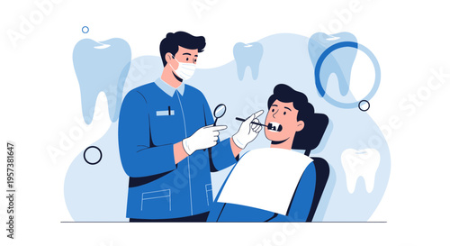 Dentist examining patient's teeth with tools, dental care concept, blue background with teeth illustrations