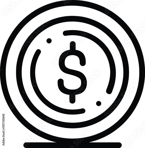 A minimalist black and white line art illustration of a dollar coin with a subtle underline, symbolizing monetary value and transactions.
