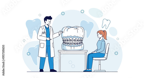 Dentist explaining dental braces on giant model to patient, orthodontic treatment concept