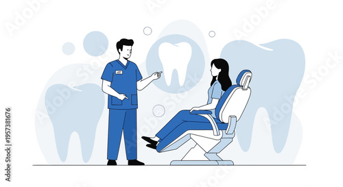 Dentist Explains Dental Health to Patient in Modern Clinic, Tooth Icon