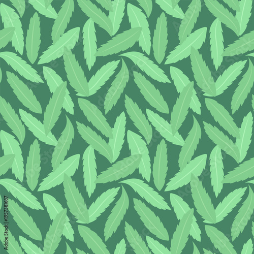 Seamless pattern of green leaves. Vector illustration, flat style. Botanical, herbal background.