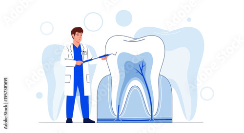 Dentist Explains Tooth Anatomy and Root Canal Procedure with Cross-Sectional Tooth Model
