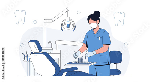 Dentist preparing tools in a modern dental clinic, dental chair and teeth illustration