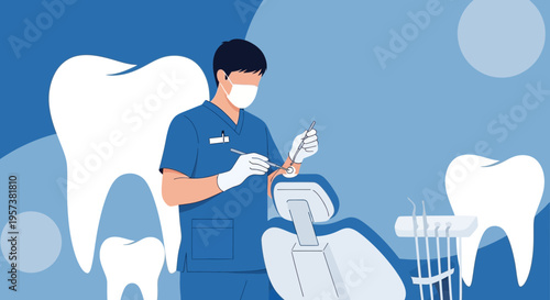 Dentist Performing Dental Procedure with Modern Equipment and Large Tooth Graphics