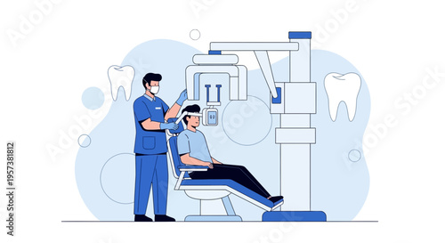 Dentist using X-ray machine on patient, dental care and technology concept