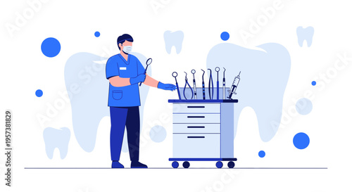 Dentist with tools and dental equipment, modern dental clinic illustration