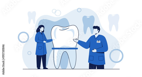 Dentists caring for giant tooth, dental health concept, medical illustration