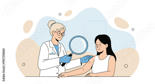 Dermatologist examines patient's skin with magnifying glass, medical checkup, healthcare concept