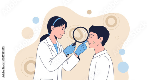 Dermatologist examines patient's skin with magnifying glass, skin care concept