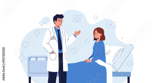 Doctor consulting patient in hospital room, medical consultation, healthcare concept
