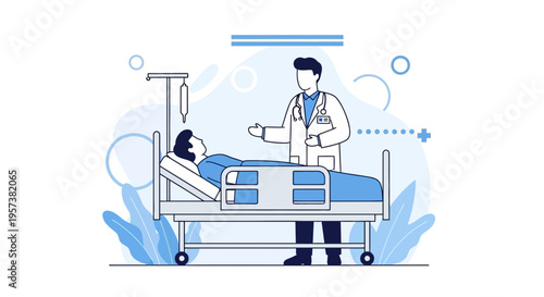 Doctor Consulting Patient Lying in Hospital Bed with IV Drip, Medical Care Concept