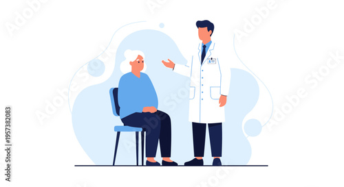 Doctor consulting with elderly patient in a modern clinic, healthcare concept