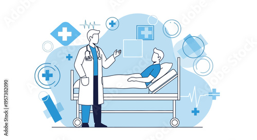 Doctor consulting patient in hospital bed with medical icons and heartbeat line