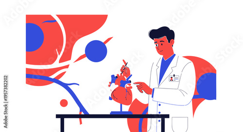 Doctor examining heart anatomy model, medical research and cardiology concept