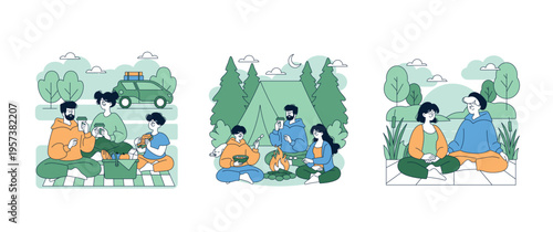 Group Enjoying Outdoor Activities in Vector Illustration