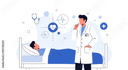 Doctor examining patient in hospital bed with medical icons and heart rate monitor