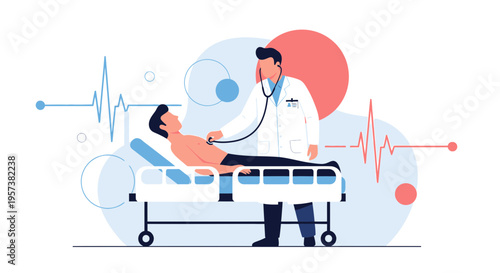 Doctor examining patient on hospital bed with heart monitor graphic