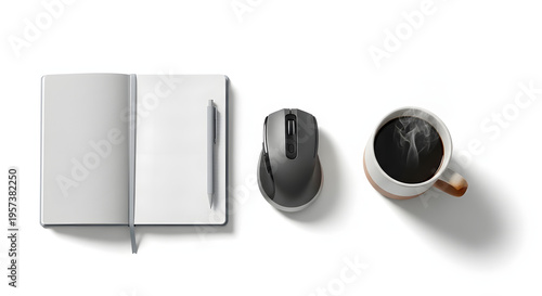 Flat lay of a wireless modern mouse, a stylish blank notebook, and a ceramic cup of black coffee, isolated on a pure white background, minimal workspace.