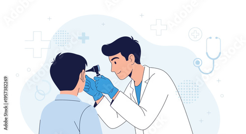 Doctor examining patient's ear with otoscope, healthcare concept illustration