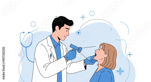 Doctor examining patient's throat with otoscope, medical checkup, healthcare concept