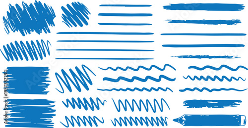 Hand-drawn sketch brush strokes and lines in various thicknesses and styles. Great for design accents, underline effects, and artistic text highlights