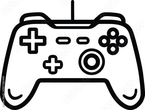 A minimalist black outline of a modern video game controller represents entertainment, gaming, and interactive digital leisure activities.
