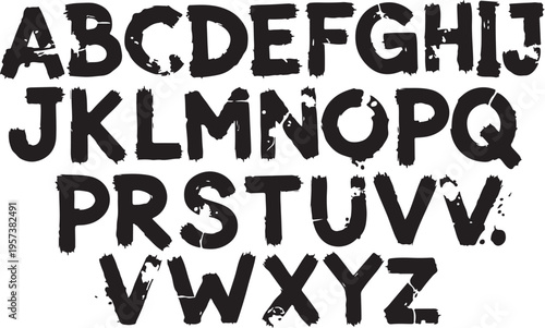 Grunge alphabet with capital letters. Dirty textured vector font. Typographic distressed font with dry brush strokes. Hand drawn characters with a rough inked texture.