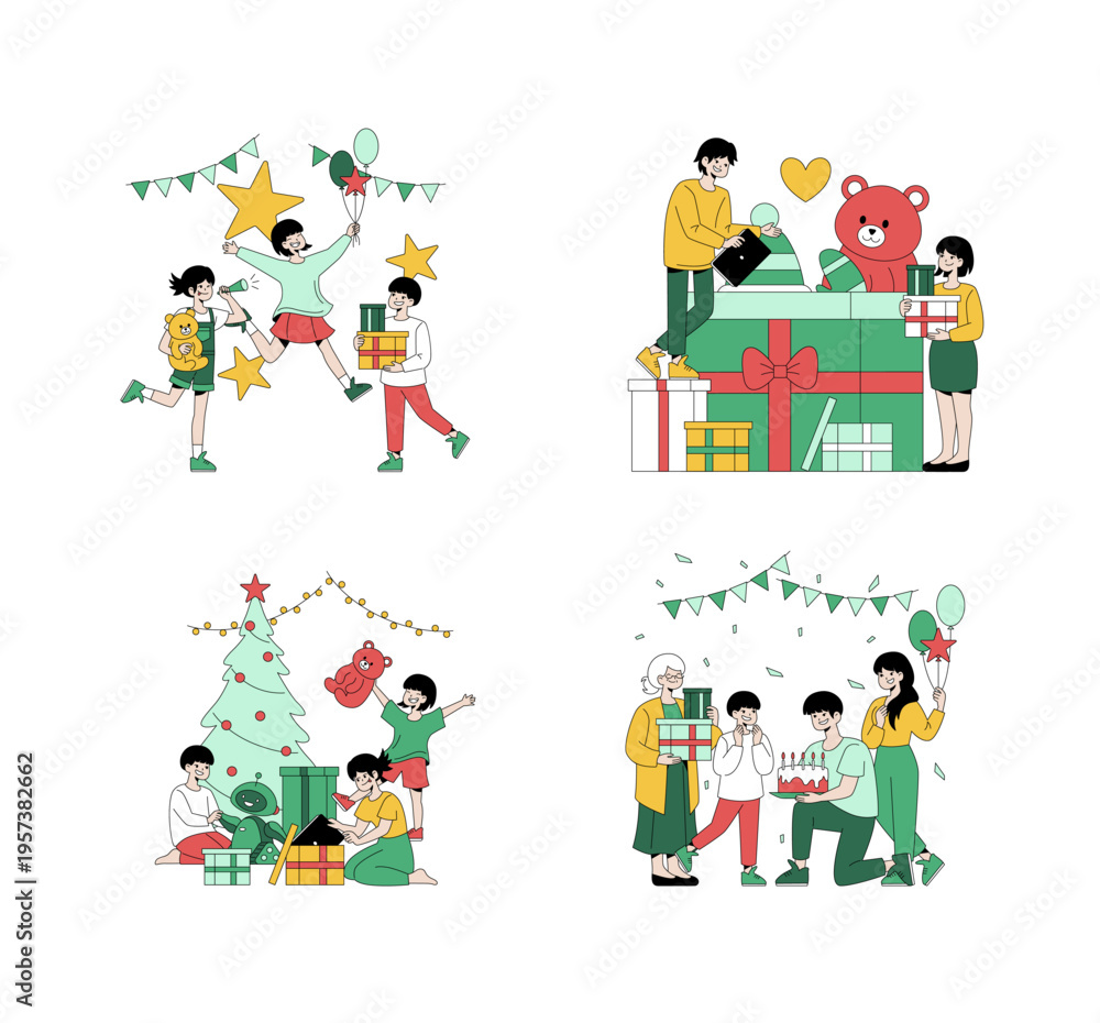 Fototapeta premium Joyful Celebrations with Gifts and Cake Vector Illustration
