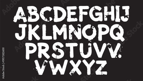 Grunge alphabet with capital letters. Dirty textured vector font. Typographic distressed font with dry brush strokes. Hand drawn characters with a rough inked texture.
